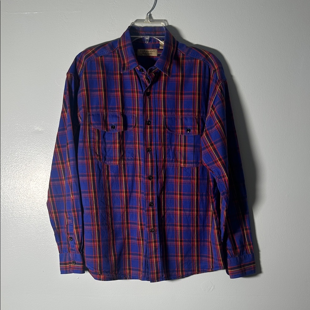 Burberry Men's Blue and Red Plaid Chester Button-Up Shirt